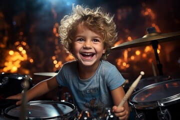 Young boy passionately playing the drums, expressing his musical talent and creativity during drum lessons. 'generative AI'