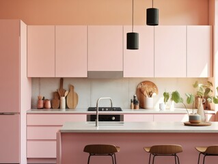 Lovely pink pastel kitchen room interior. Generative AI