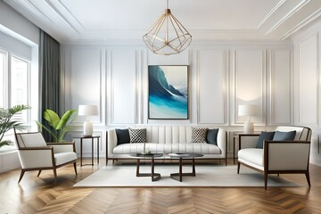 Modern bright interior with empty frame. Modern living room. 3d rendering