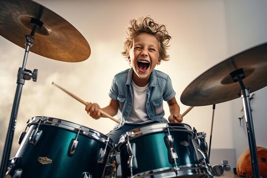 Young boy passionately playing the drums, expressing his musical talent and creativity during drum lessons. 'generative AI'