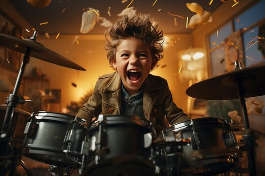 Young boy passionately playing the drums, expressing his musical talent and creativity during drum lessons. 'generative AI'
