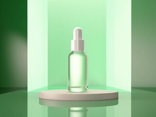 Mock up empty serum bottle with green modern minimal background. Generative AI