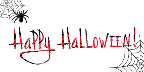 Happy halloween lettering with web and spider. Hand drawn digital illustration. Vector background.