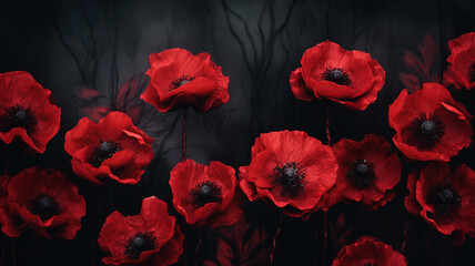 Beautiful red poppy flowers in a dark background - obrazy, fototapety, plakaty