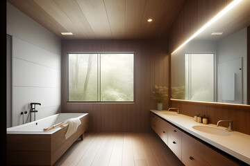Fototapeta na wymiar modern bathroom interior with wooden decor in eco style
