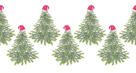 Seamless rim watercolor green christmas tree with red hat on white background. Forest evergreen fir or pine for card. Hand-drawn border pattern for new year celebration invite. Wrapping or wallpaper