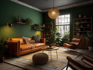 Dark green bohemian living room with leather couch. Generative AI
