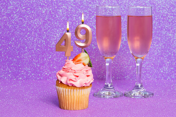 Cupcake With Number And Glasses With Wine For Birthday Or Anniversary Celebration