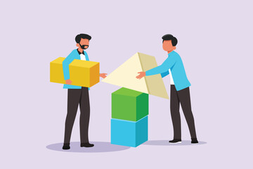 Fototapeta na wymiar Concept of co working, business partnership, analytics or teamwork. Colleagues work together with geometrical shapes. Colored flat vector illustration isolated. 