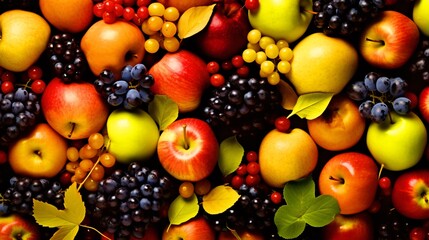 秋のフルーツ、りんごやぶどうなどの新鮮な果物のアップ - obrazy, fototapety, plakaty