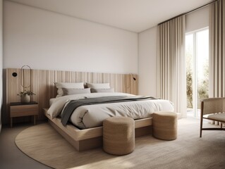 Bright beige wooden bedroom, minimal modern style. Generative AI