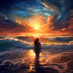 Fototapeta premium a woman enjoying the waves coming in under a beautiful evening sky