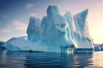 Antarctic landscape with icebergs and ice floes in the ocean. AI Generative - obrazy, fototapety, plakaty