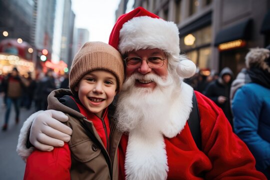 wide angle selfie picture taken with a pocket camera of a happy kid and santa claus looking at the camera in New York City street
