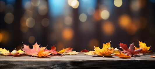 Naklejka na ściany i meble Autumn Magic, Vibrant Colors of Fall Adorn a Rustic Wooden Table