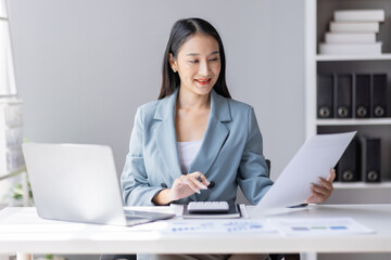 Business Documents, Auditor business asian woman checking searching document legal prepare paperwork or report for analysis TAX, accountant Documents data contract partner deal in workplace office.
