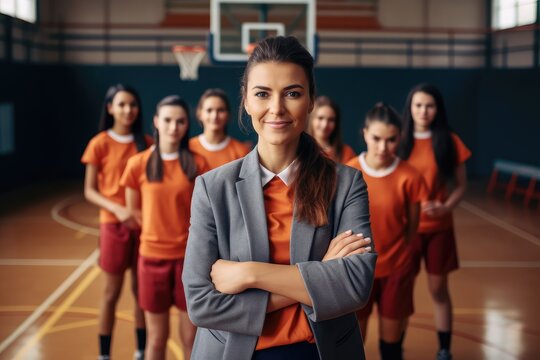 Female basketball coach leads group of teenage girls on court. Photo generative AI