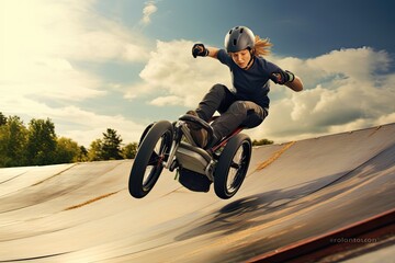 Wheelchair woman conquers skate park with courage and confidence in adaptive sports. Photo generative AI