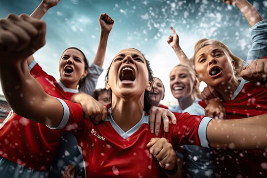 Female soccer team's celebration. Photo generative AI