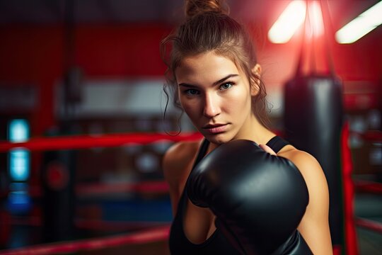 Sporty young woman training with a punching bag at the gym. Photo generative AI