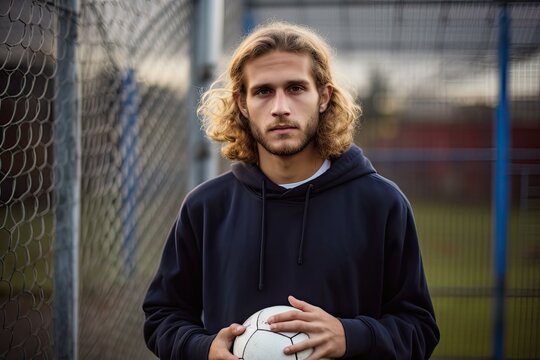 Young man with soccer ball by fence, serious player with long blond hair. Photo generative AI