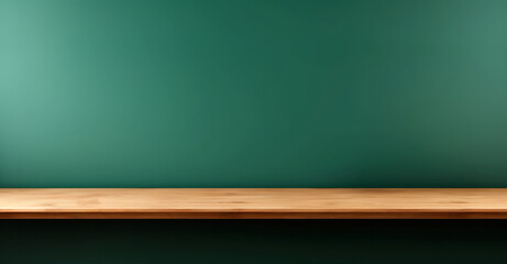 Empty wooden shelf over green chalkboard background, product display montage. High quality photo