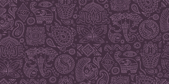 Indian vintage ornament for your design. Esoteric and animals, design elements, Seamless pattern background