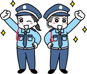 笑顔でガッツポーズをしている若い女性警備員の2人(全身)