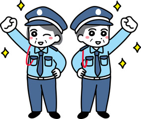 笑顔でガッツポーズをしているシニアの男女警備員(全身)