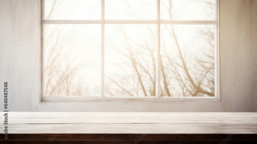 Poster empty wood table top on blur window with sunlight of autumn forest background, product display monta