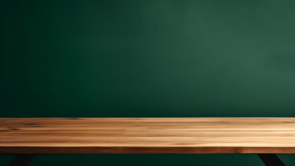 Empty wooden table over green chalkboard background, product display montage. High quality photo