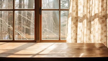 Wooden table in front of a window with a curtain and view of the forest. High quality photo