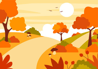 Fototapeta na wymiar Autumn Landscape Background Vector Illustration with Mountains, Fields, Trees and Fall Leaves in Flat Cartoon Natural Season Panorama Templates