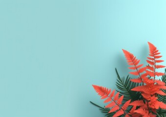 Winter Red and White Ferns on a blue background