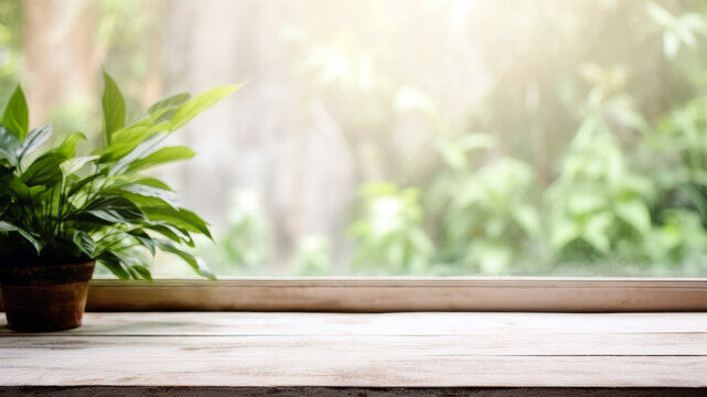 Wooden table top with green plant in pot on window sill blurred background. High quality photo