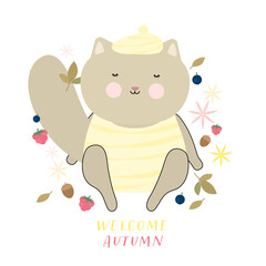 Autumn Time Cute Cat. Design for Web, Mobile, Card, Sticker, T-Shirt, Textile Shopper Bag and Other Garment.