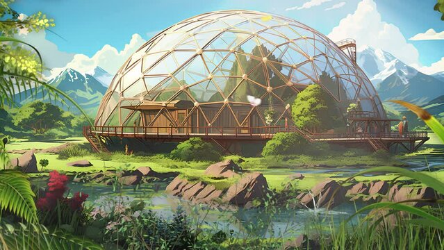 A wooden house with dome shape behind an open water way. Geodesic structures in cartoon looking video animation. Generated AI Video.