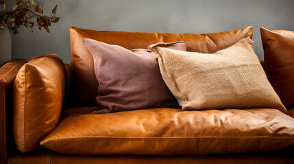 A close-up of a natural leather sofa, with soft and supple cushions.