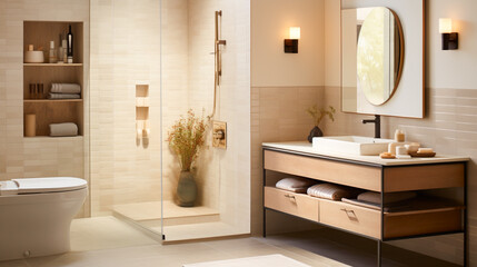 Fototapeta na wymiar A mockup design of a bathroom with neutral-colored tiles, vanity, and fixtures. Modern beautiful bathroom interior design.