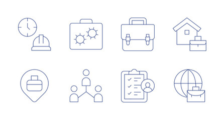 Work icons. Editable stroke. Containing working hours, work in progress, briefcase, working at home, pin, networking, checklist, worldwide.