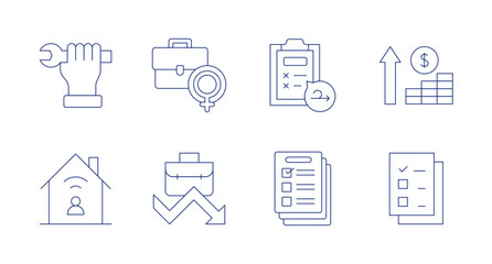 Work icons. Editable stroke. Containing wrench, work, list, money, work from home, employment, survey, file.