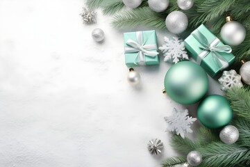 Mint Green and white silver Christmas Flat Lay mockup white background product photography with presents, pine cones, christmas balls, snow, stars