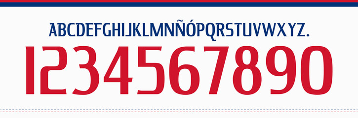 font vector team 2023 kit sport style font. football style font with lines. club nacional font. The Tricolors. sports style letters and numbers for soccer team, Uruguay soccer - obrazy, fototapety, plakaty