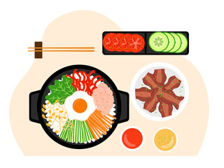 Teenager desktop top view. Flat vector illustration. Top view of wooden table. Dining table background illustration