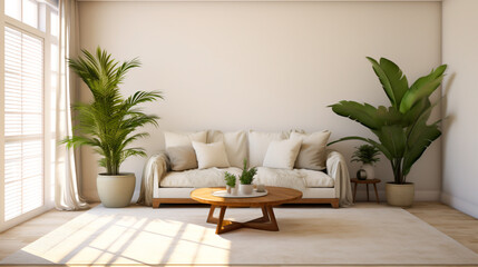 A design of a living room with a beige fiber rug, a green plant, and a brass light fixture.