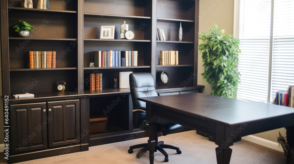 Wall mural a photo of an office with dark brown desk, black chair, and white bookshelves.