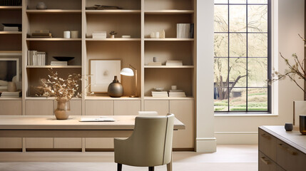 A photo of an office with neutral-colored desk, chair, and bookshelves.