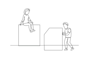 One continuous line drawing of Concept of co working, business partnership, analytics or teamwork. Colleagues work together with geometrical shapes. Doodle vector illustration in simple linear style. 