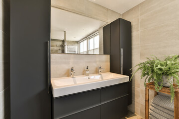 a modern bathroom with black cabinets and white counter tops, along with a plant in the sink is next to the mirror