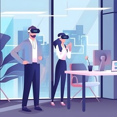 The office employees are wearing VR glasses and remotely conducting a simulated presentation of their work projects with other colleagues.The future office working model.